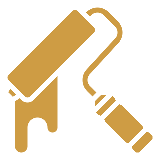 Gold icon of a paint roller applying paint, shown diagonally with paint dripping from the roller onto a surface.