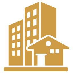 Simple gold icon depicting two tall apartment buildings next to a single-family house on a plain background.