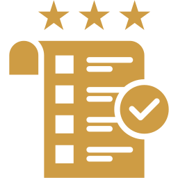 Gold checklist with four boxes, a large checkmark circle, and three stars above, representing quality or rating.